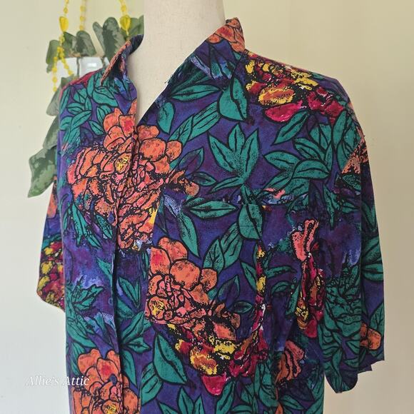 Colorful Vtg Floral Beach Hawaiian Short Sleeve Button Shirt Blue Purple Green L - Picture 5 of 9